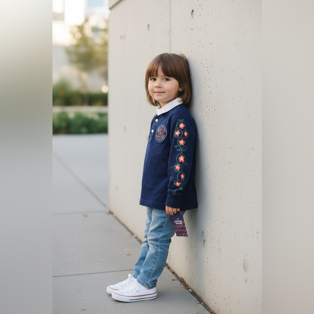 Rowing Blazers Kids Navy Rugby Shirt Floral long‎ Sleeve Embroidered Rose